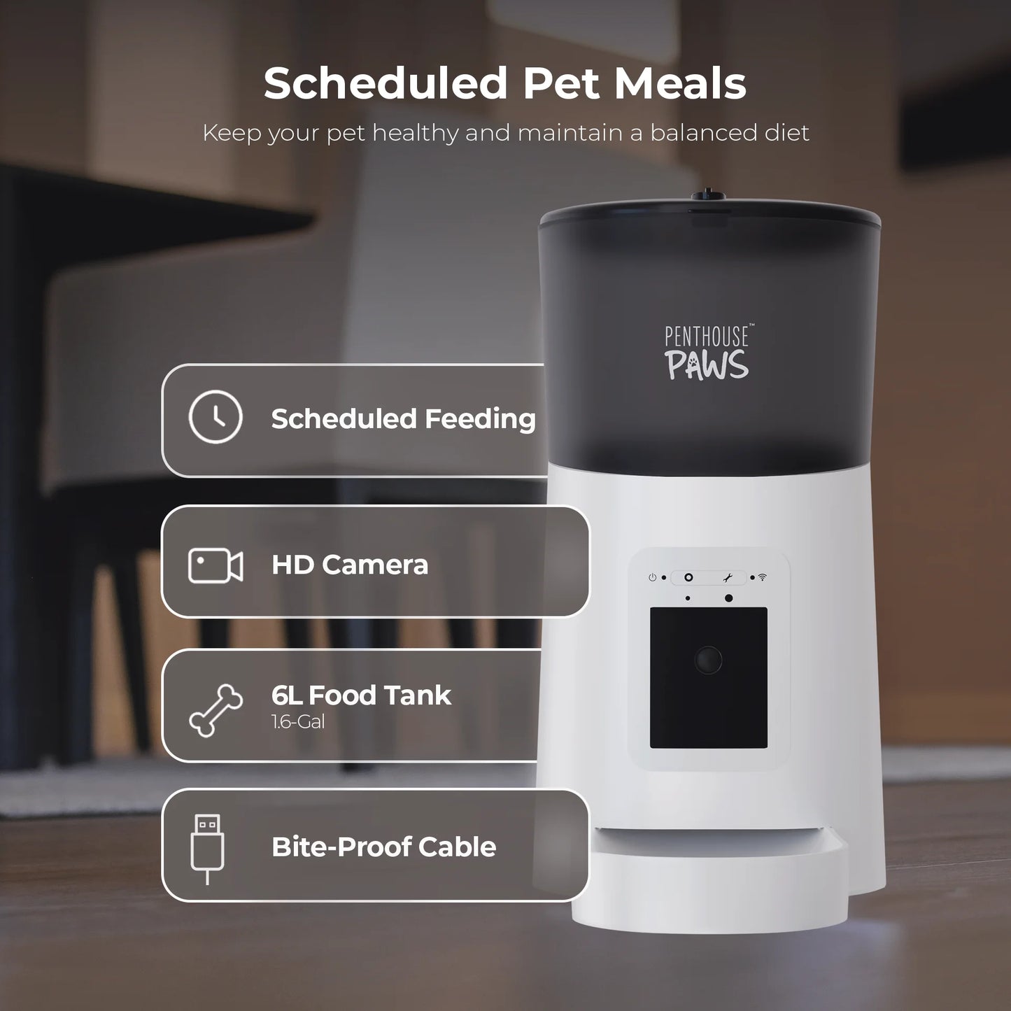  Paws Smart HD Pet Feeder, 6L Dry Food Capacity, 1080P Camera, 2-Way Audio, Scheduled Meals, Backup Power, Easy to Clean, Anti-Jam Design for Cat & Dog, Black